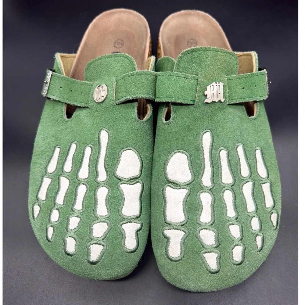 Octavious Green Suede Skeleton Bone Clogs Men Size 13/14 Mules Streetwear Goth